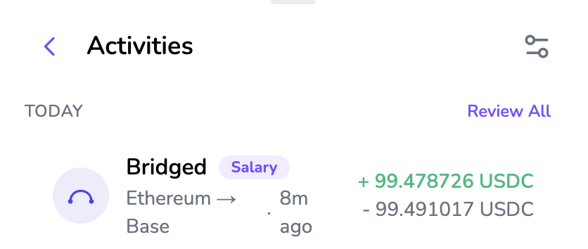 Activity history showing a bridged transaction tagged Salary