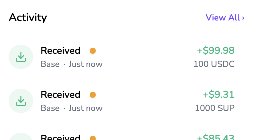 Activity list showing received funds with amber review indicators