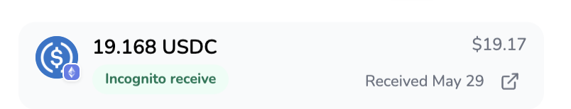 Balance row showing an Incognito receive tag