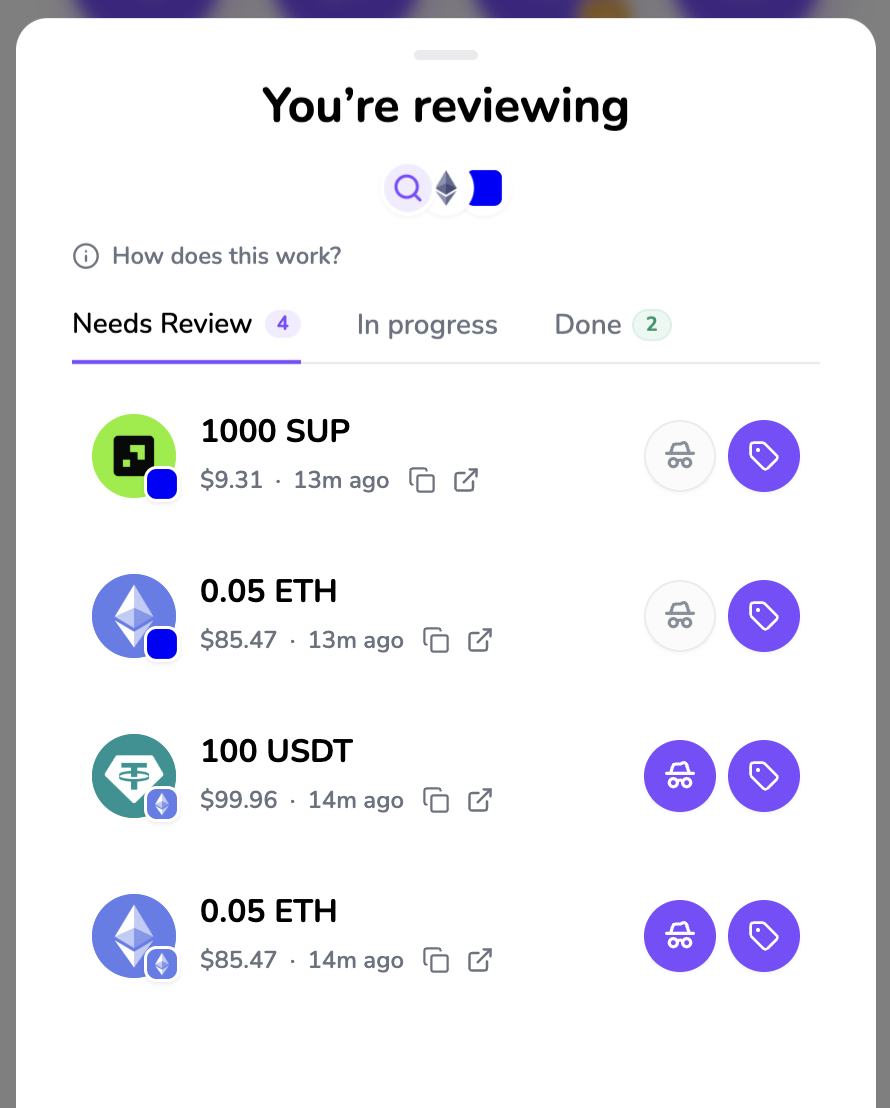 Deposit Review page showing received assets that need review