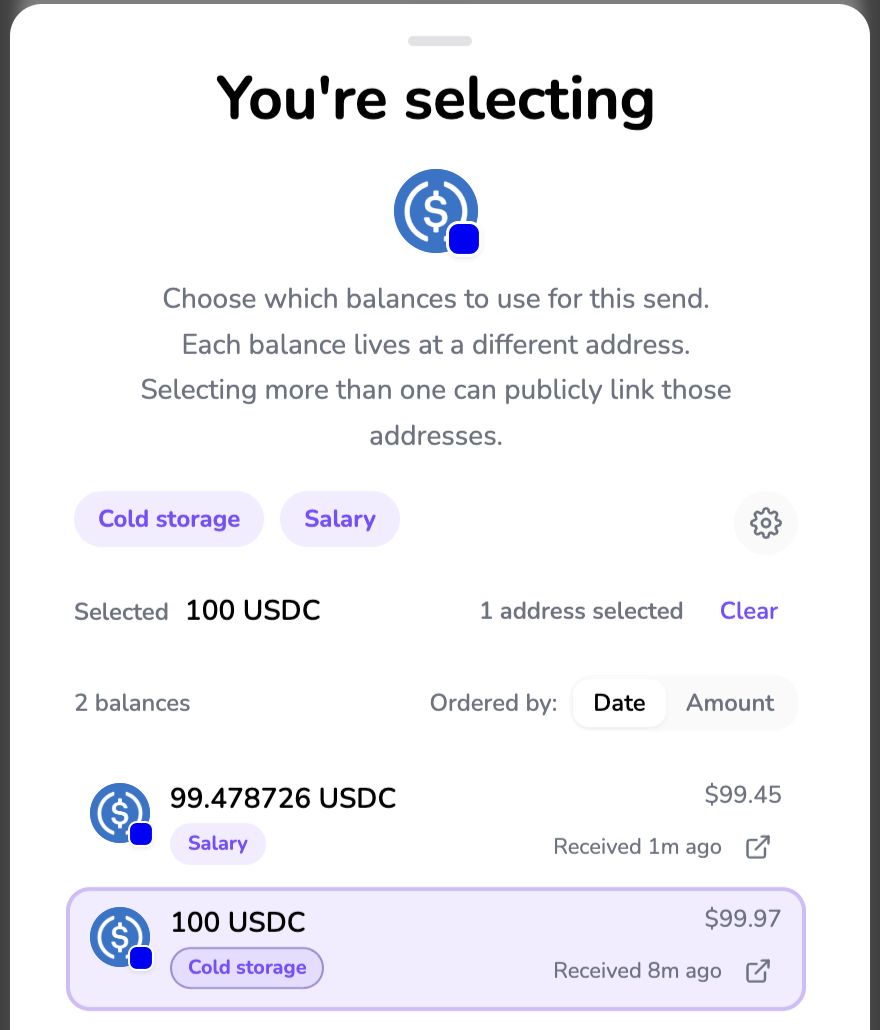 Select tags sheet showing balances tagged Salary and Cold storage